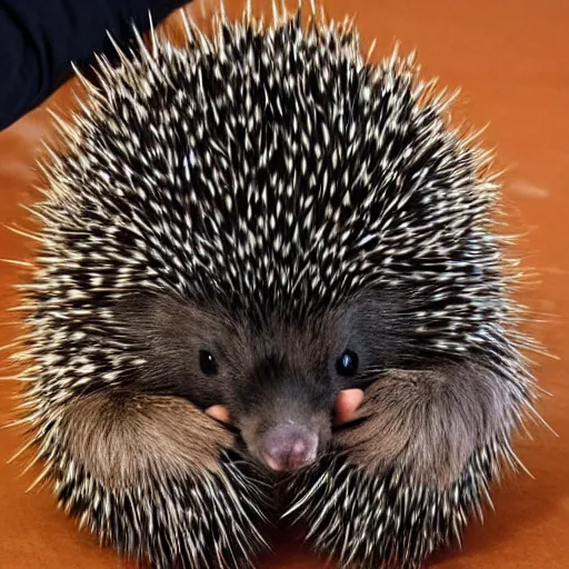 Prompt: nothing is as cautiously cuddly as a pet porcupine