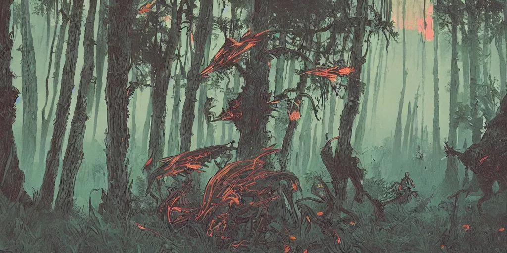 Image similar to a close - up grainy risograph, painting of a scene from the horizon zero dawn, machine monsters, dense forest, dragonflies, fire, fog by moebius and kim jung gi