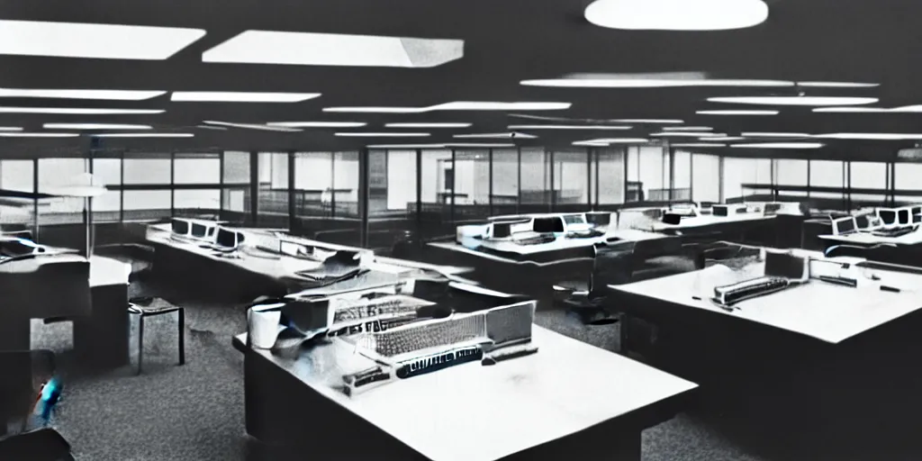 Image similar to a large 1970's computing room with 9-track machines and glowing screens. by IBM by Amdahl.