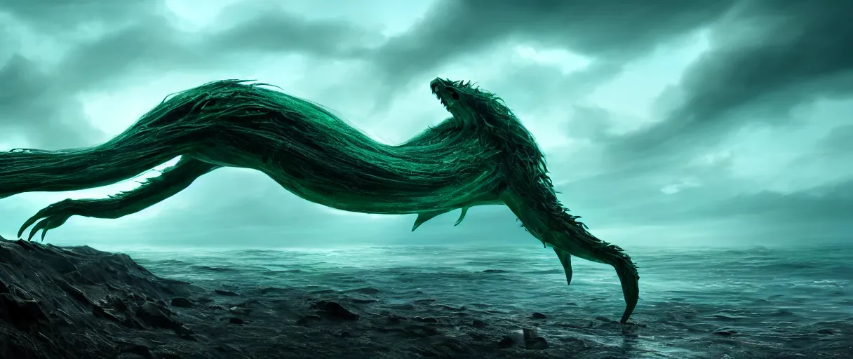 Image similar to a stunning cinematic extreme wide shot of an adorable confused slick sleek smooth green and blue humanoid sea monster wearing clothes made of seaweed on a dark stormy beach, well designed perfect with huge luminous sad eyes, sharp claws, cgsociety, hd octane render, fantasy, furry art, artstation, deviantart, furaffinity, very very clean, super smooth, thunderclouds