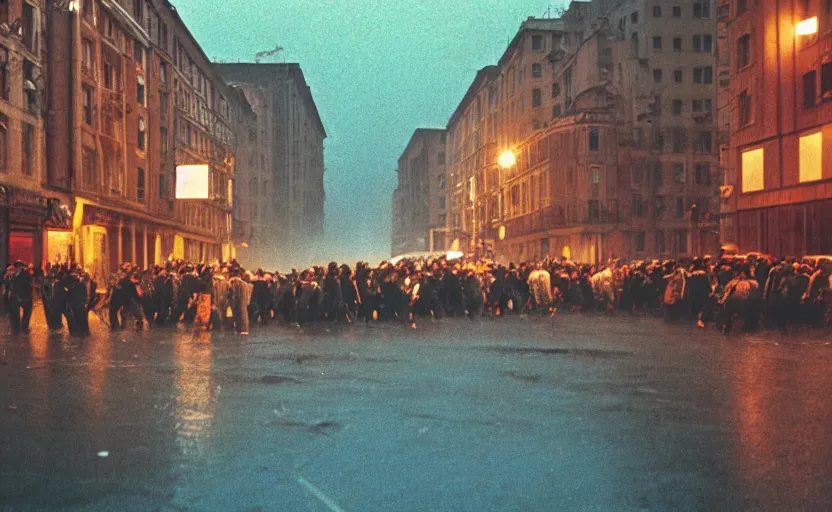 Image similar to 1990s movie still of a yougoslavian street with a large riot with stalinist style highrise, Cinestill 800t 18mm, heavy grainy picture, very detailed, high quality, 4k panoramic, HD criterion, dramatic lightning, streetlight at night, rain, foggy