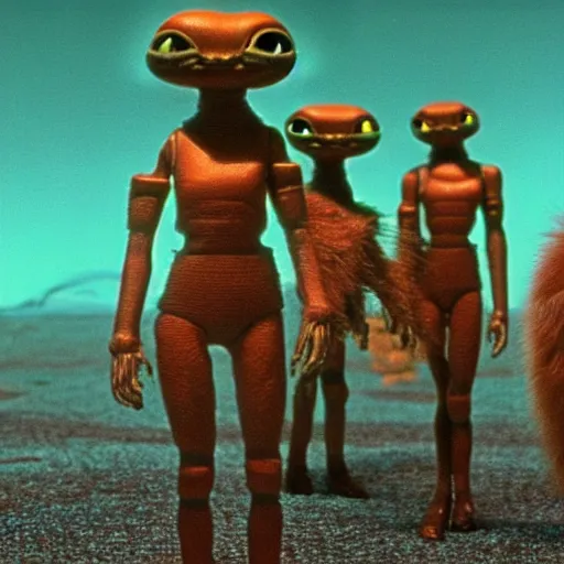 Image similar to 1 9 7 6 synthetic fur monsters with large eyes, standing on a martian landscape, cinematic movie scene, inspired by the movie the fifth element