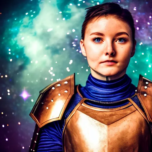 Image similar to photo of a real-life beautiful warrior with galaxy coloured armour