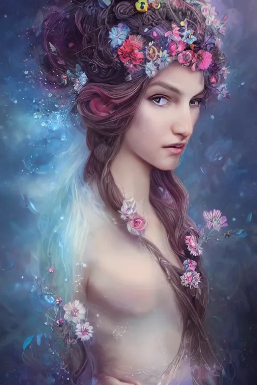Image similar to a portrait of a beautiful elvish goddess with flowers in her hairs , hd, 4k, 8k, highly detailed, sharp, ethereal, astral environment in style of Anna Dittmann