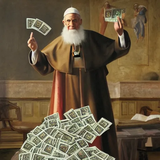 Image similar to pope jerome powell, wearing the pope hat, holding wad of money, patron saint of money printers, illuminated by the light of heaven, 8k, 4k, oil painting, award winning portrait of his holiness jerome powell, masterpiece