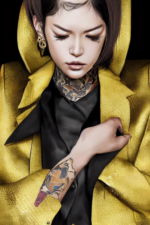 Image similar to yakuza slim girl, gold suit jacket in snake print, jacket over bare torso, yakuza tattoo on body, black short curtain haircut, black leather pants with black belt, portrait, elegant, 2d, ultra highly detailed, digital painting, smooth, sharp focus, artstation, art by Ilya Kuvshinov, rossdraws