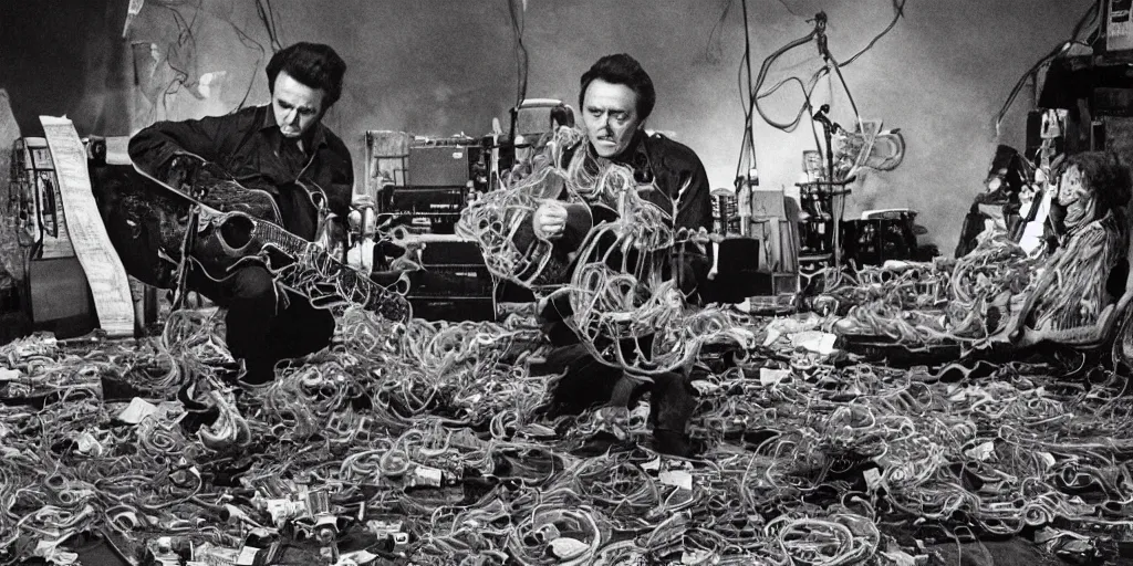 Image similar to Johnny Cash croons snake guitar amidst reels of tape, pools of petroleum, newspaper clippings, writhing snakes and sheathes of wheat, still from the unreleased movie UNLESS YOU HATE BULL RUNS directed by Federico Fellini, purple green atmospheric lighting, full color 35mm film, rendered in octane with snakeoil subsurface scattering