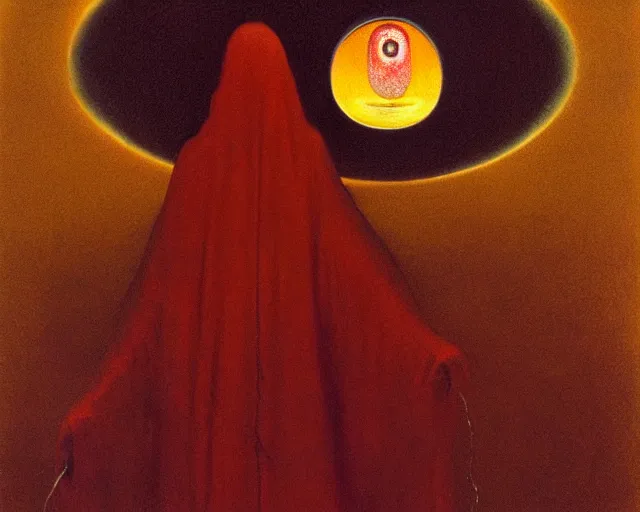 Image similar to lamprey by francis bacon, beksinski, mystical redscale photography evocative. devotion to the scarlet woman in her cathedral, priestess in a conical hat, coronation, ritual, sacrament