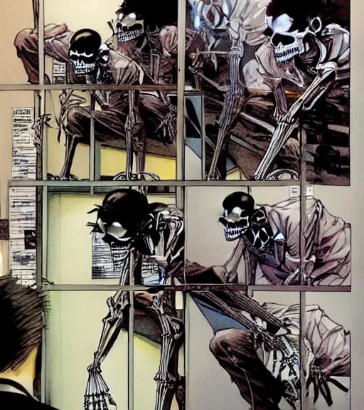 Prompt: a skeleton wearing a business suit is working in an office late in the evening, comic book art, by yoji shinkawa and takehiko inoue and kim jung gi, masterpiece, perfect