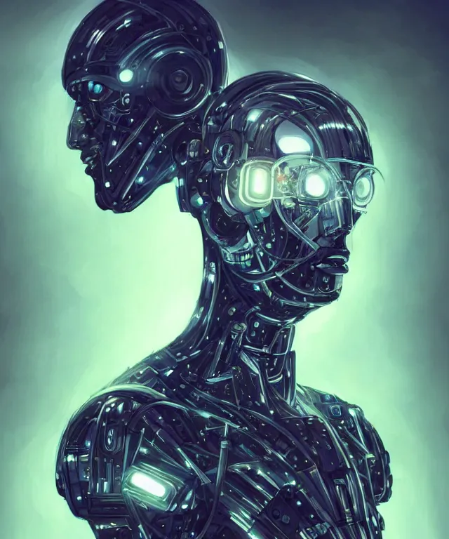 Image similar to a man turning into an Android portrait wearing a part cybernetic body, surrealism , scifi, intricate, elegant, sharp eyebrows, highly detailed cybernetic body, neon glowing eyes, digital painting, artstation, concept art, smooth, sharp focus, illustration, art by Artgerm and moebius and Peter Mohrbacher