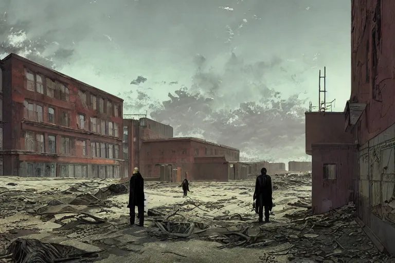 Prompt: detailed ultra - realistic graphic novel illustration of postapocalyptic abandoned schoolyard by edward hopper and gregory crewdson, cinematic, full shot, george adult, ian miller, wayne barlowe, greg rutkowski