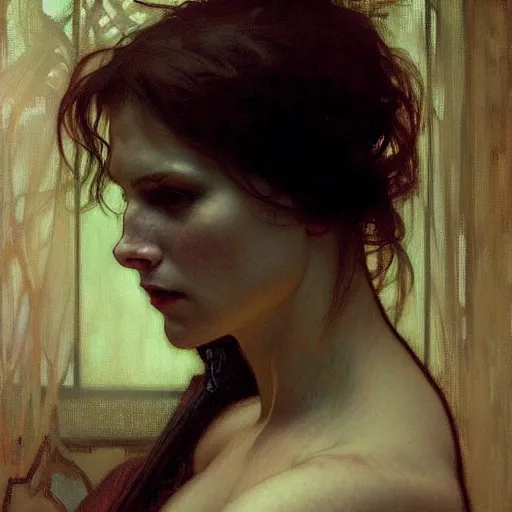 Image similar to hyperrealistic portrait of a vampire watching a mirror. by jeremy mann and alphonse mucha, fantasy art, photo realistic, dynamic lighting, artstation, poster, volumetric lighting, very detailed faces, 4 k, award winning