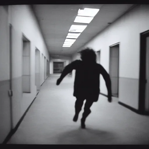 Image similar to A creepy photo of Ronald McDonald chasing you in an empty hallway, disposable film