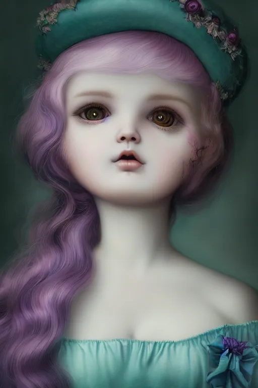 Image similar to cute porcelain doll with long purple hair, Mark Ryden style, vivid colors, high details, cinematic, 8k resolution, beautiful detailed, photorealistic, digital painting, dark atmosphere, artstation, concept art, smooth, sharp focus, illustration, fantasy background, artstation trending, octane render, unreal engine