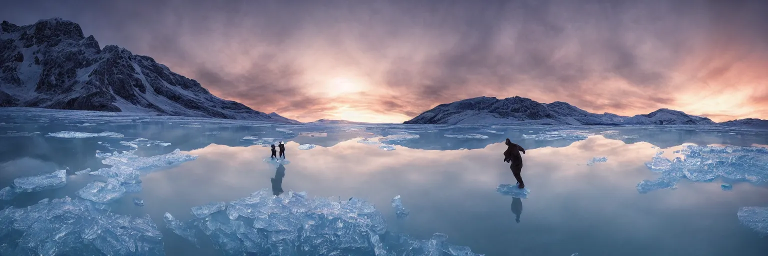 Prompt: photo of a Frozen Human Giant stuck under the ice transparent frozen lake at sunset by marc adamus beautiful dramatic lighting