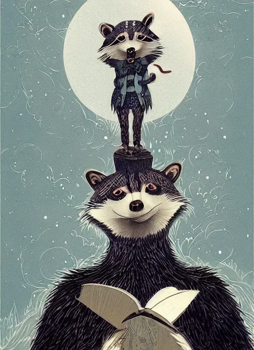 Prompt: a fantasy illustration portrait of an anthropomorphic raccoon mage, by victo ngai, by stephen gammell, by george ault, artstation