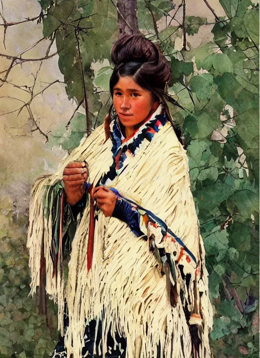 Prompt: a copic maker art nouveau portrait of a mapuche girl finely detailed features wearing a mapuche poncho designed by balenciaga by john berkey, norman rockwell akihiko yoshida