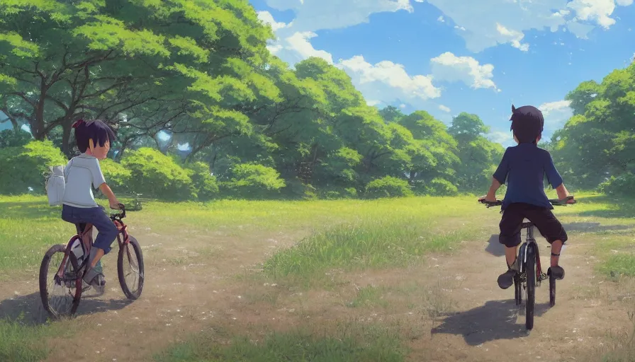 Image similar to a kid riding a bike on a trail in a lush field, studio lit directed gaze, trending on pixiv fanbox, painted by greg rutkowski makoto shinkai takashi takeuchi studio ghibli