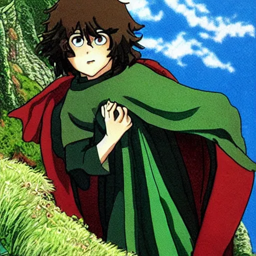 Image similar to peregrin took from the anime lord of the rings (1986), dark hair, green cape, studio ghibli, very detailed, realistic