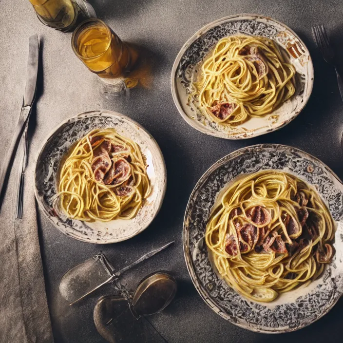 Image similar to kodak portra 4 0 0, 8 k, soft light, volumetric lighting, highly detailed, a photographic still life of a plate of carbonara, typical italian food, realistic, hyper realistic