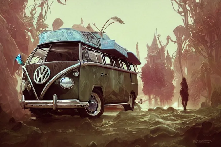 Prompt: VW surf bus, fantasy, elegant, intricate, highly detailed, digital painting, artstation, concept art, sharp focus, illustration, art by artgerm and greg rutkowski and alphonse mucha