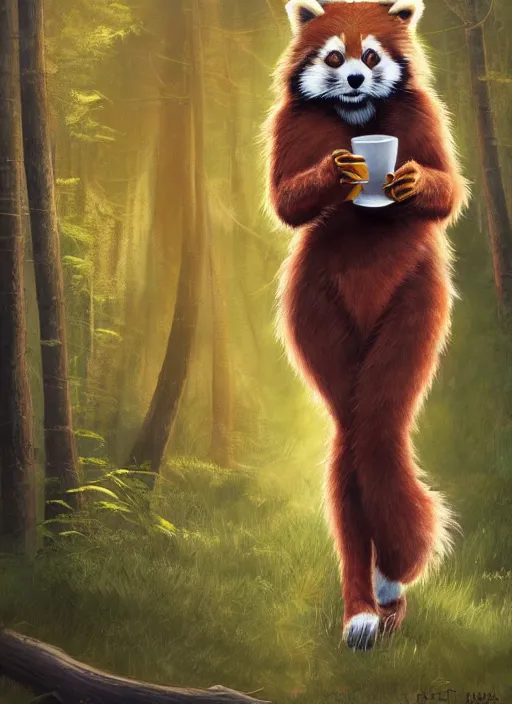 Prompt: beautiful portrait commission of a female furry anthro red panda fursona wearing a yellow dress, drinking a cup of coffee while walking through a summer forest, beautiful, vivid, highly detailed, trending on artstation,