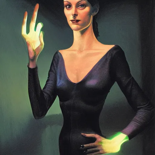 Image similar to portrait of a woman who can produce glowing plasma from her hands, by gerald brom.