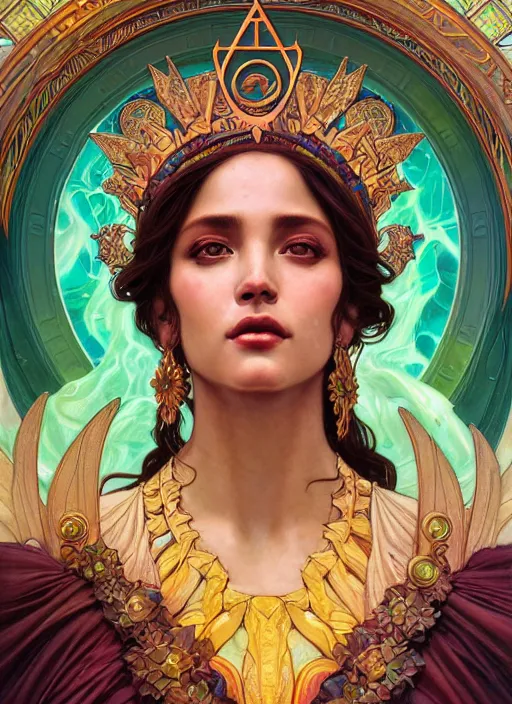 Prompt: close up portrait of an hispanic goddess queen of aloe vera!! astrology celestial symbolism, by artgerm, cushart krenz, greg rutkowski, mucha. art nouveau. gloomhaven, swirly vibrant ripples, gaudy colors, sharp edges. ultra clear detailed. 8 k. elegant, intricate, octane render