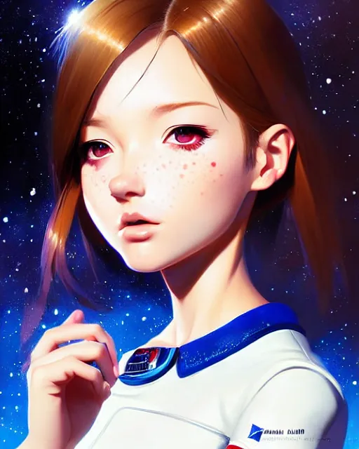 Image similar to portrait Anime space cadet girl cute-fine-face, pretty face, realistic shaded Perfect face, fine details. Anime. realistic shaded lighting by Ilya Kuvshinov Giuseppe Dangelico Pino and Michael Garmash and Rob Rey, IAMAG premiere, aaaa achievement collection, elegant freckles, fabulous