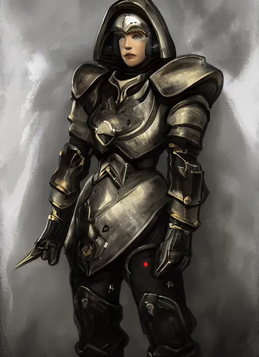 Prompt: of a hyper realistic proportional stylization portrait of a techpunkk war cleric in a futuristic pearl armor, dark gloomy environment two moons