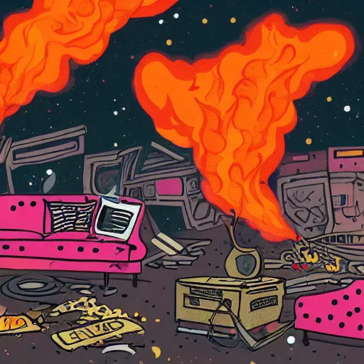 Prompt: a pink couch with orange polka dots on fire in the middle of a junkyard, illustrated, cosmic horror, smoke and ash