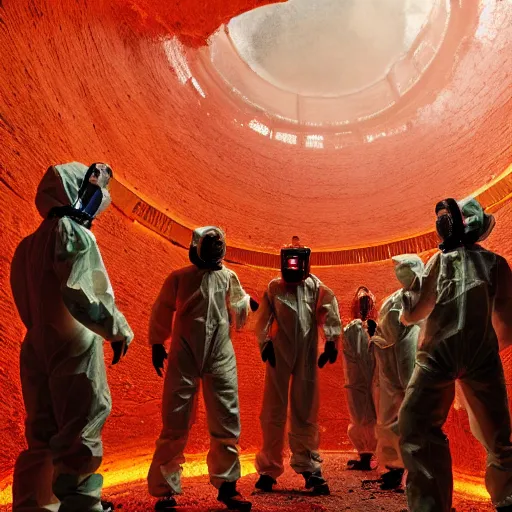 Image similar to wide - shot photo of a group of scientists in hazmat suits, studying a hell open rift portal, by shaun tan, codachrome, hellish, unsettling, otherworldly, blood, machines, 8 k, hd, highly detailed,