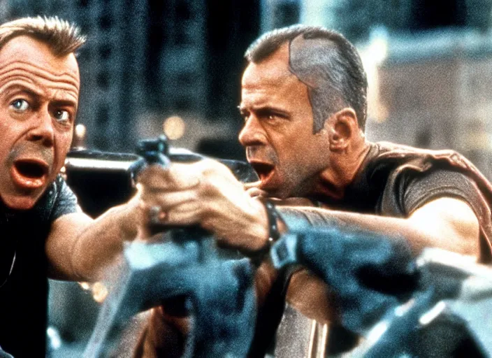 Prompt: a still from die hard with warwick davis