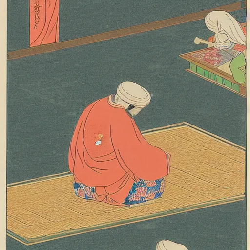 Prompt: late meiji period, colored woodblock print, muslims kneeling for prayer