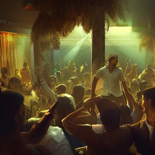 Image similar to a portrait of an indian businessman dj in nightclub, people dancing in background, anatomy, bathed in light, highly detailed, photorealistic, artstation, smooth, sharp focus, illustration, unreal engine 5, 8 k, art by artgerm and greg rutkowski and edgar maxence