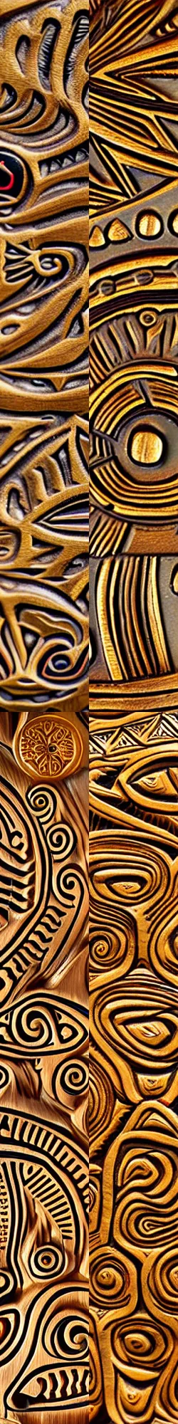 Prompt: golden wood carved in relief, gold color with aboriginal motifs of northern Patagonia, animals and nature of the patagonian aboriginal by miguel angel, 80mm, sharp focus, zoom out