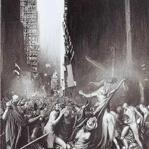 Prompt: the assassination of julius caesar in times square, highly detailed beksinski charcoal painting