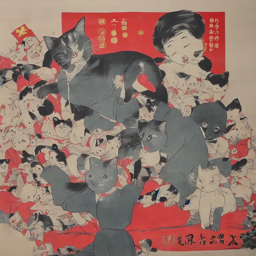 Image similar to chinese propaganda poster with a cartoon cat as the centerpiece