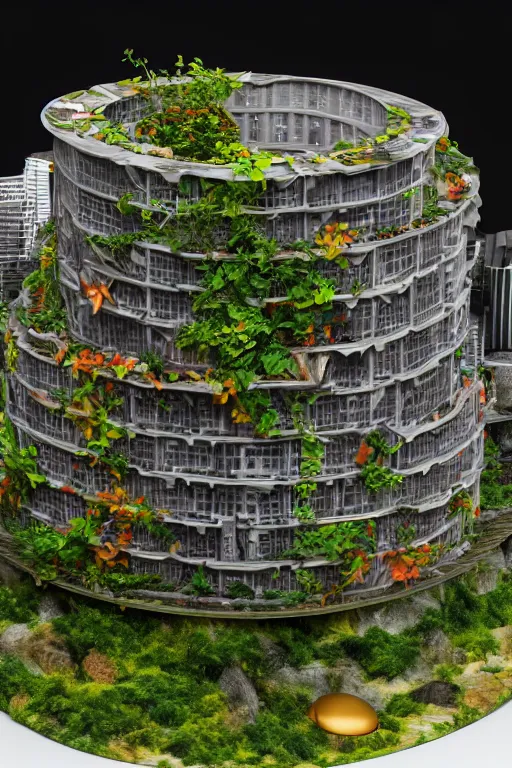 Image similar to 3 d printed physical model that is organic flowy including more than one city into one vertical building that sits on a table in a room with a view back and golden rim drame in the bottom, multiple stories, transparent, with vegetation, colorful, eye - level view, 8 0 k, octane render, highly detailed 3 d render,