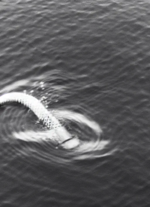 Image similar to a real life gyarados swimming in a lake, proof photograph, black and white, blurry, old camera, grainy, in motion