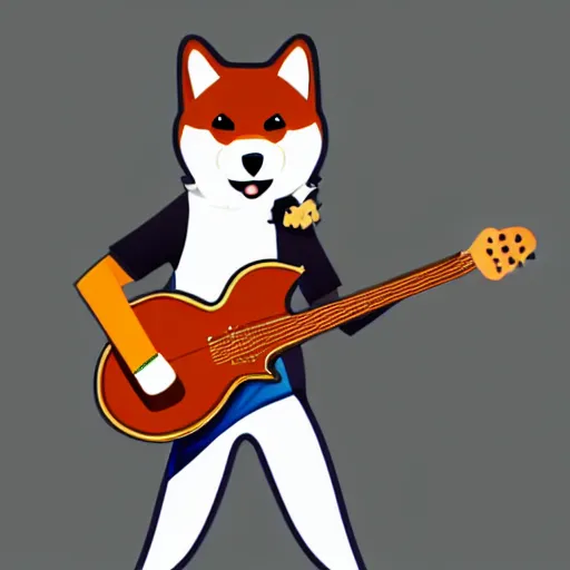 Image similar to masculine shiba inu man, anthropomorphic, Anthro, furry, plays guitar, Artstation