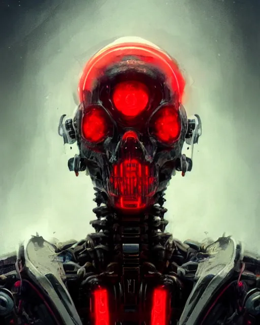 Prompt: skeleton with glowing red eyes and cybernetic enhancements as seen from a distance, scifi character portrait by greg rutkowski, esuthio, craig mullins, 1 / 4 headshot, cinematic lighting, dystopian scifi gear, gloomy, profile picture, mechanical, half robot, implants, solarpunk