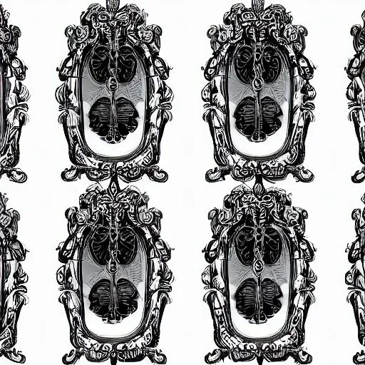 Prompt: 2-D black-and-white design for a set of grotesque, ornate glasses