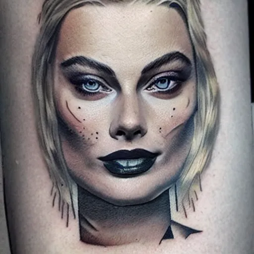 Image similar to face morph tattoo design of margot robbie with beautiful mountain scenery, in the style of chris mataafa, amazing detail