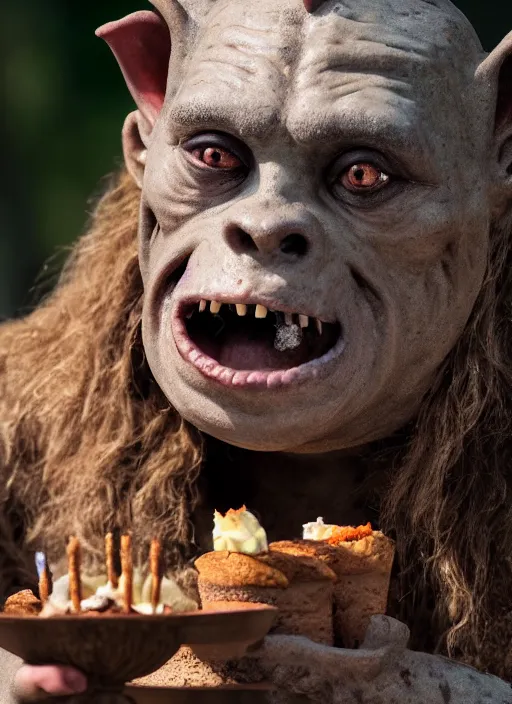 Image similar to closeup profile face portrait of a medieval goblin eating cakes in the cloisters, depth of field, zeiss lens, detailed, symmetrical, centered, fashion photoshoot, by annie leibovitz and steve mccurry, david lazar, jimmy nelsson, breathtaking, 8 k resolution, extremely detailed, beautiful, establishing shot, artistic, hyperrealistic, beautiful face, octane render