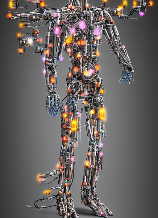 Prompt: a hybrid humanoid cyborg built with cybernetic material and wood, herbs and multicolored flowers, hyperspectral imaging, multispectral imaging, perspective, colorful, spectral color, refractive