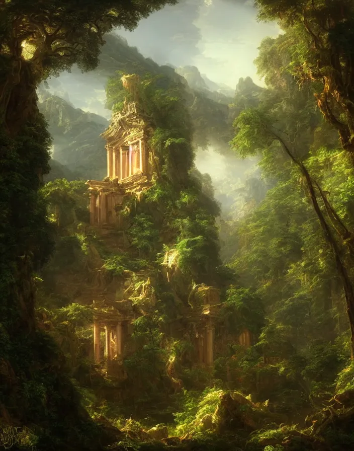 Prompt: an ancient temple lost in a forest by thomas cole, painting, cinematography, epic lighting,