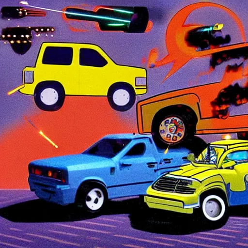 Prompt: anthropomorphic cars and trucks engage in laser gun battles, 8 0 s cartoon