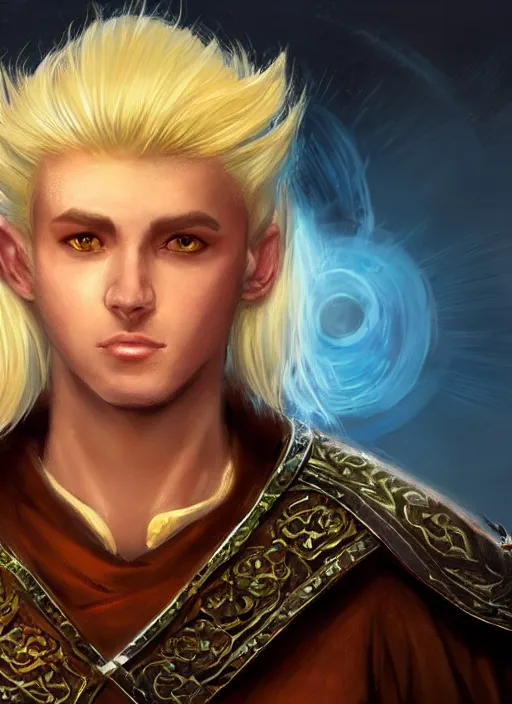 Image similar to male priest blonde parted hair healer, dndbeyond, bright, colourful, realistic, dnd character portrait, full body, pathfinder, pinterest, art by ralph horsley, dnd, rpg, lotr game design fanart by concept art, behance hd, artstation, deviantart, global illumination radiating a glowing aura global illumination ray tracing hdr render in unreal engine 5
