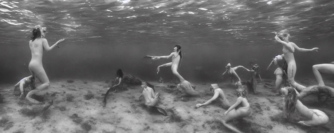 Image similar to an ultra wide in colour 3 5 mm film photo of gathering of half alien half human half mermaid hybrids, hunting underwater in a public swimming pool, liminal spaces, ritual occult gathering, film grain